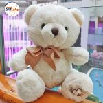 عروسک خرسی نشسته پاپیونی کرمی رنگ 40 سانتیمتر