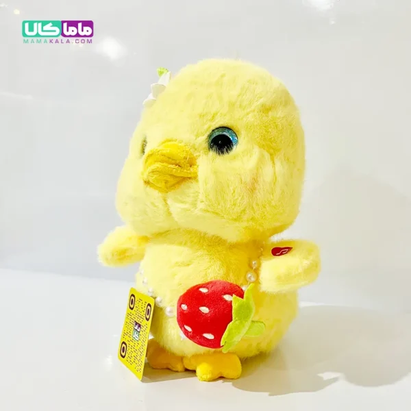 عروسک جوجه زرد کیف توت فرنگی + جغجغه 25 سانتیمتر